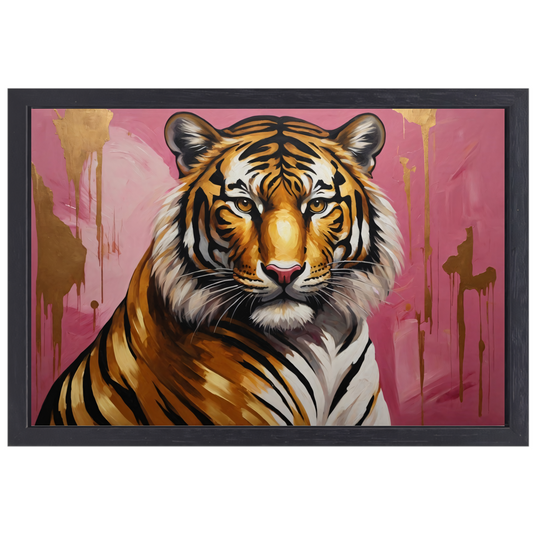 Krachtige Tijger in Goud en Roze canvas met baklijst