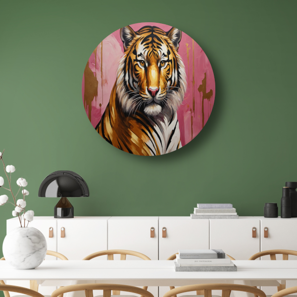 Krachtige Tijger in Goud en Roze aluminium muurcirkel