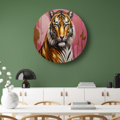 Krachtige Tijger in Goud en Roze aluminium muurcirkel