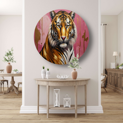 Krachtige Tijger in Goud en Roze aluminium muurcirkel