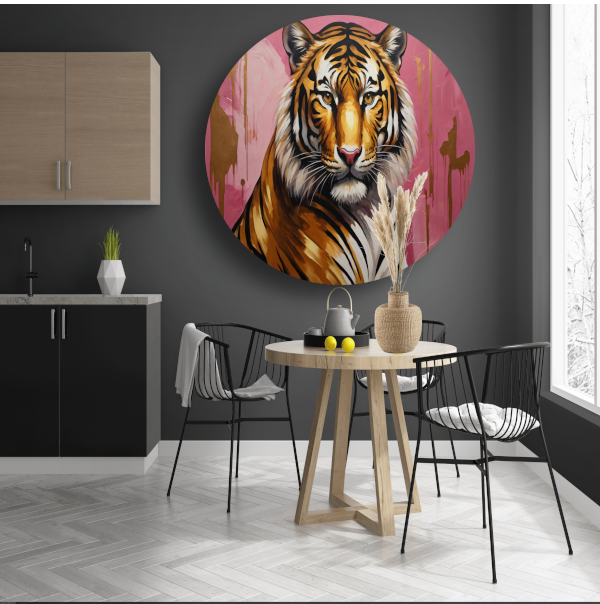 Krachtige Tijger in Goud en Roze aluminium muurcirkel