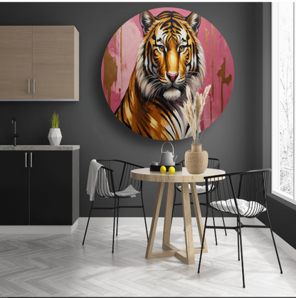 Krachtige Tijger in Goud en Roze aluminium muurcirkel