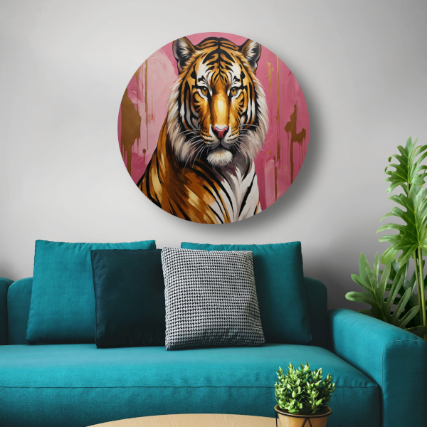 Krachtige Tijger in Goud en Roze aluminium muurcirkel