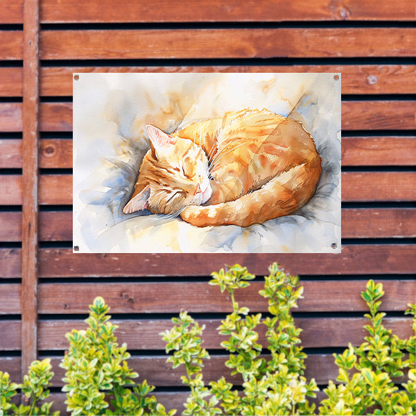Slapende kat op een zacht kussen tuinposter