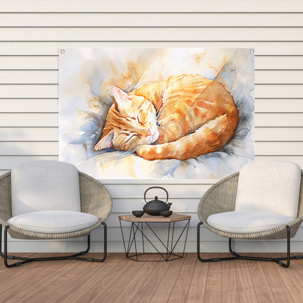 Slapende kat op een zacht kussen tuinposter
