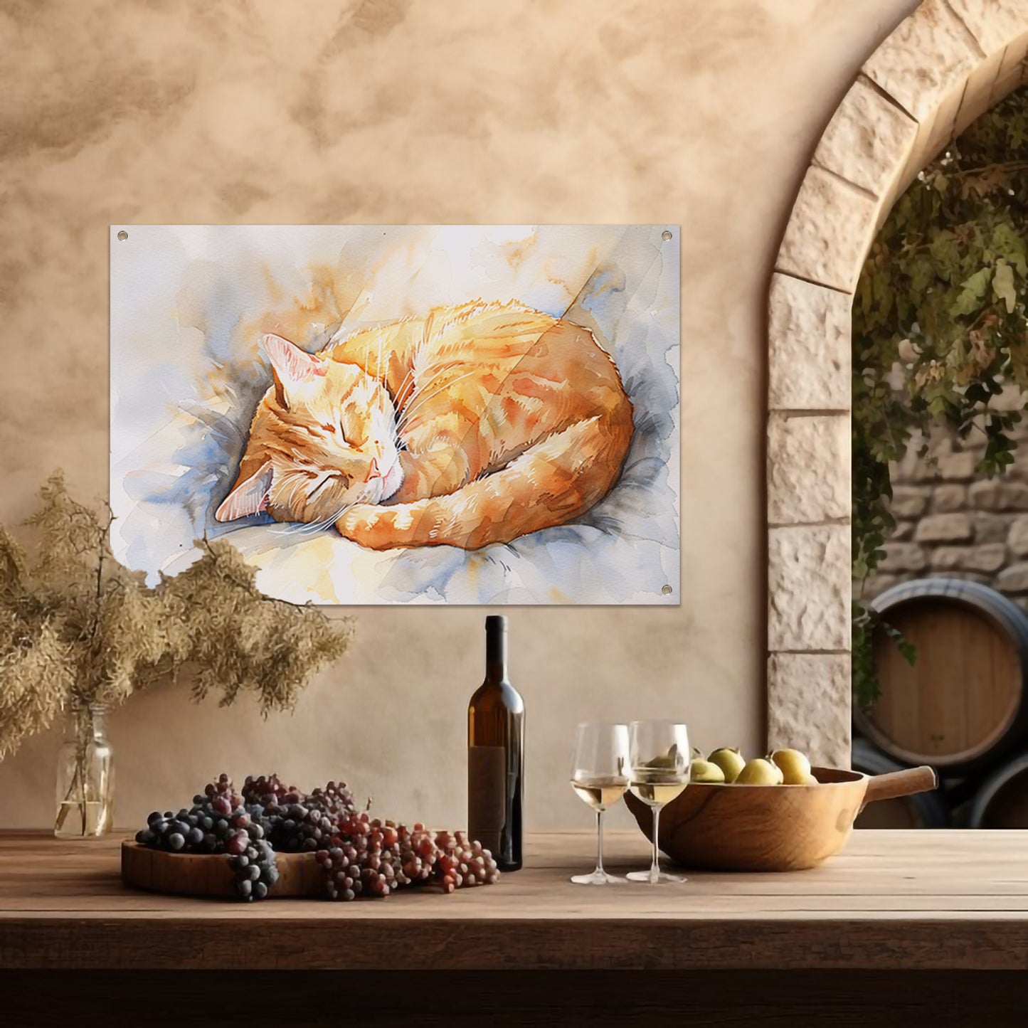 Slapende kat op een zacht kussen tuinposter