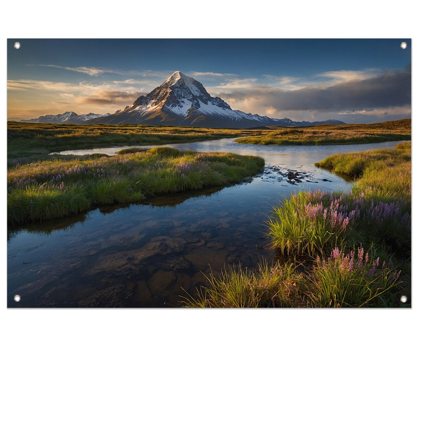 Adembenemend berglandschap met rivier en bloemen tuinposter