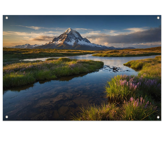 Adembenemend berglandschap met rivier en bloemen tuinposter