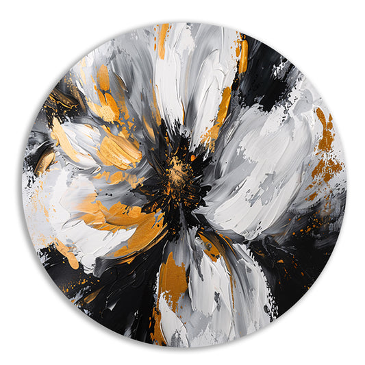 Abstract chrysant schilderij met gouden accenten aluminium muurcirkel