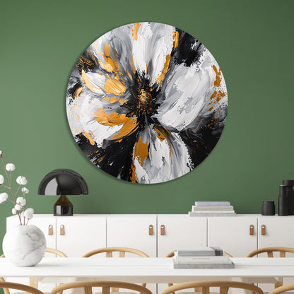 Abstract chrysant schilderij met gouden accenten aluminium muurcirkel