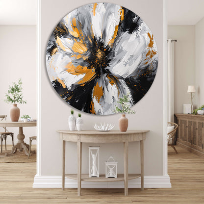 Abstract chrysant schilderij met gouden accenten aluminium muurcirkel