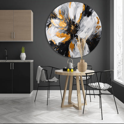 Abstract chrysant schilderij met gouden accenten aluminium muurcirkel