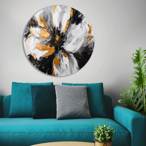 Abstract chrysant schilderij met gouden accenten aluminium muurcirkel