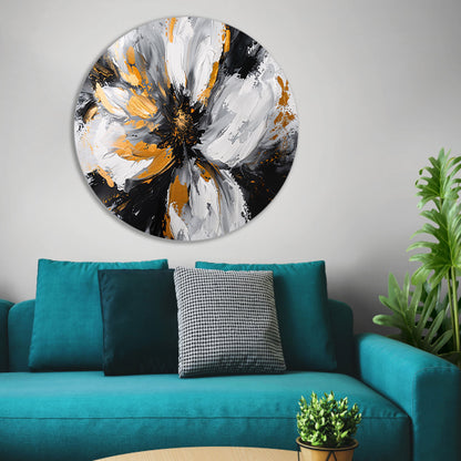 Abstract chrysant schilderij met gouden accenten aluminium muurcirkel