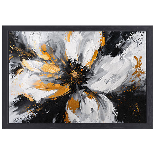 Abstract chrysant schilderij met gouden accenten canvas met baklijst