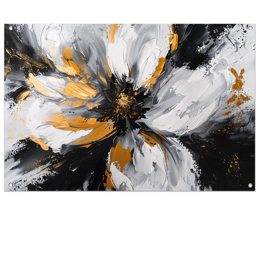 Abstract chrysant schilderij met gouden accenten tuinposter