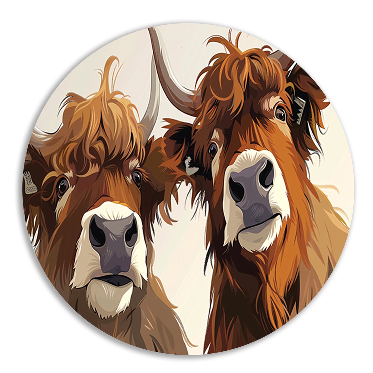 Twee Schotse Hooglanders van dichtbij aluminium muurcirkel