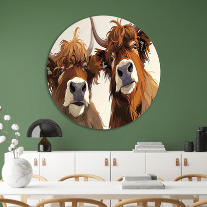 Twee Schotse Hooglanders van dichtbij aluminium muurcirkel