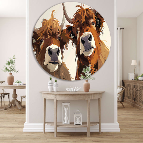 Twee Schotse Hooglanders van dichtbij aluminium muurcirkel