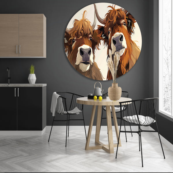 Twee Schotse Hooglanders van dichtbij aluminium muurcirkel