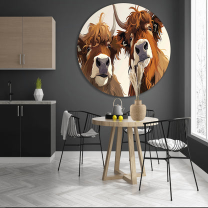 Twee Schotse Hooglanders van dichtbij aluminium muurcirkel