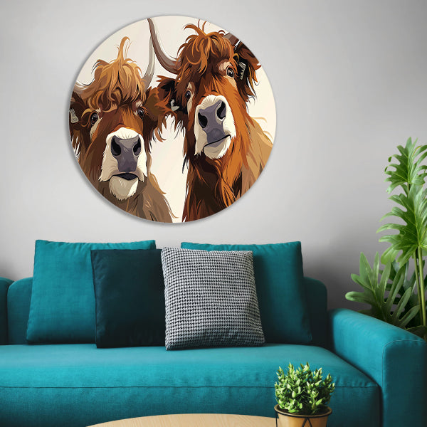 Twee Schotse Hooglanders van dichtbij aluminium muurcirkel