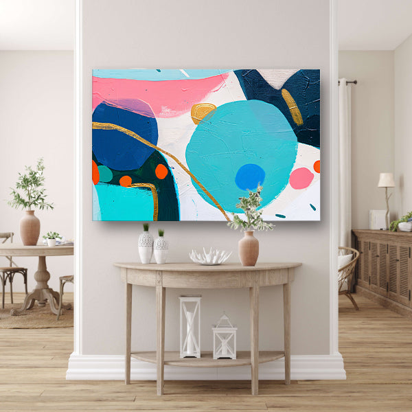 Abstract schilderij met kleurrijke vormen en lijnen canvas met baklijst