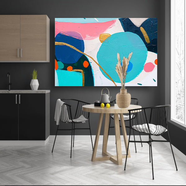 Abstract schilderij met kleurrijke vormen en lijnen canvas met baklijst