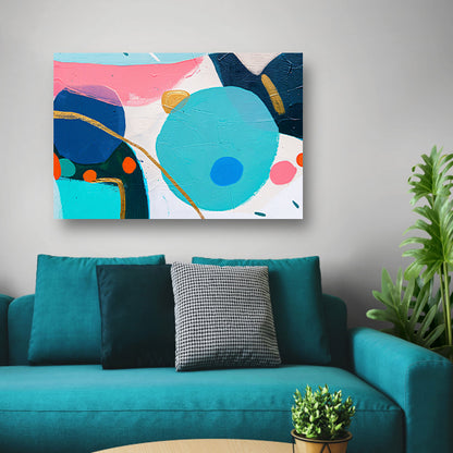 Abstract schilderij met kleurrijke vormen en lijnen canvas met baklijst