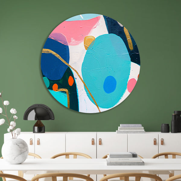 Abstract schilderij met kleurrijke vormen en lijnen aluminium muurcirkel