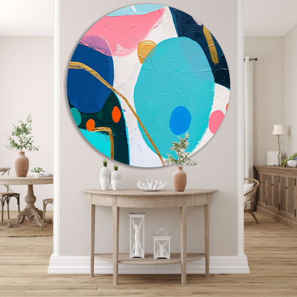Abstract schilderij met kleurrijke vormen en lijnen aluminium muurcirkel