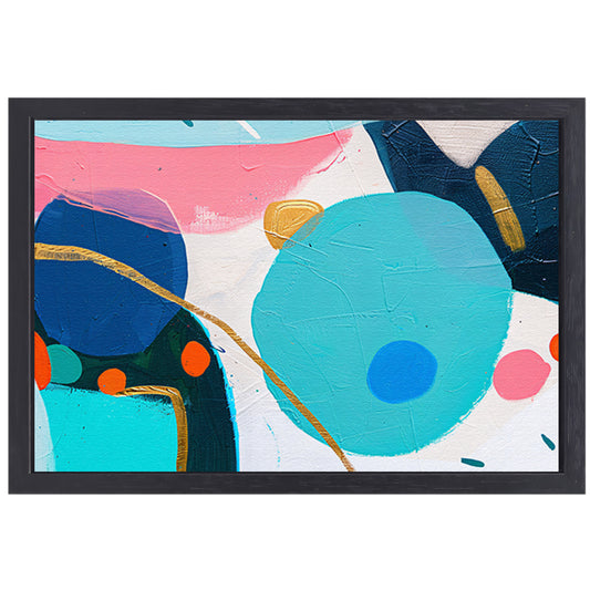 Abstract schilderij met kleurrijke vormen en lijnen canvas met baklijst