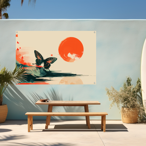 Rustende Vlinder in Oranje Zonsondergang tuinposter