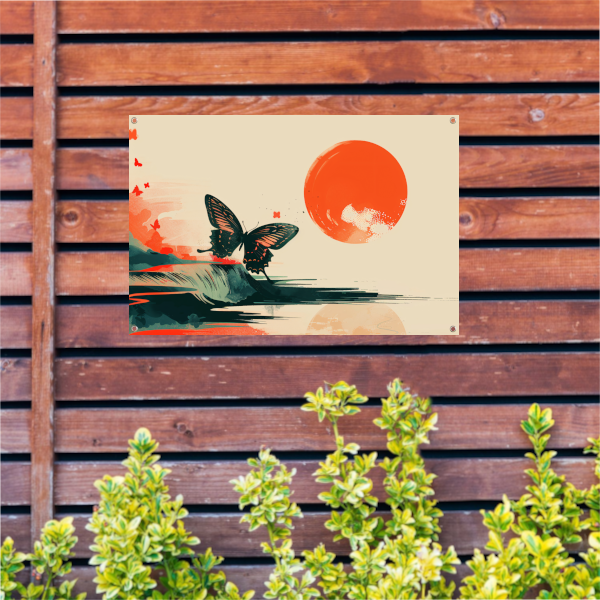 Rustende Vlinder in Oranje Zonsondergang tuinposter