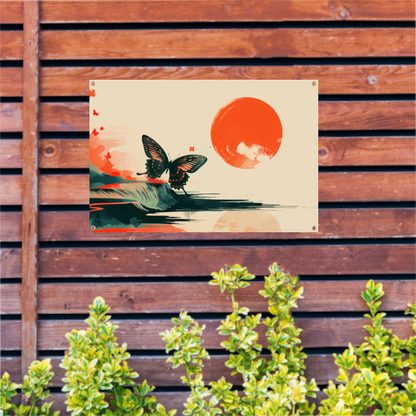 Rustende Vlinder in Oranje Zonsondergang tuinposter