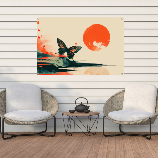 Rustende Vlinder in Oranje Zonsondergang tuinposter