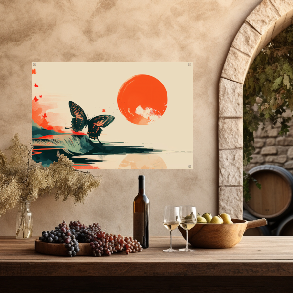 Rustende Vlinder in Oranje Zonsondergang tuinposter