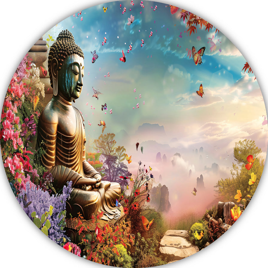 Meditatieve Boeddha in Kleurrijk Bloemenparadijs forex muurcirkel