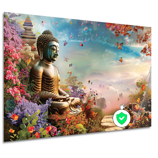 Meditatieve Boeddha in Kleurrijk Bloemenparadijs poster