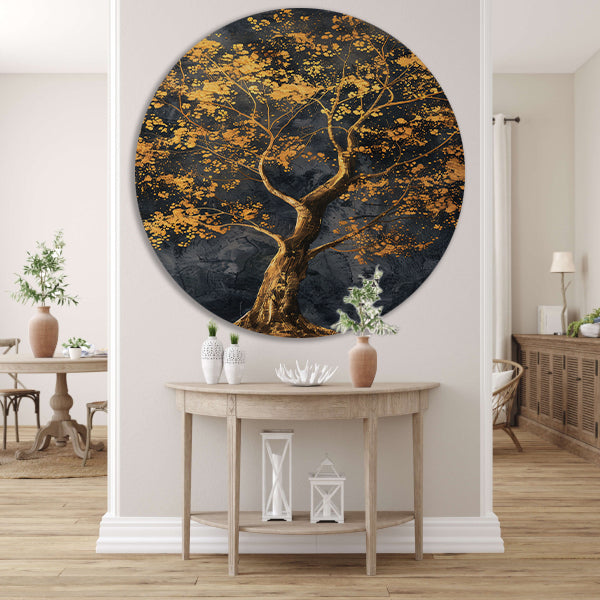 Grote boom met gouden bladeren kunst aluminium muurcirkel