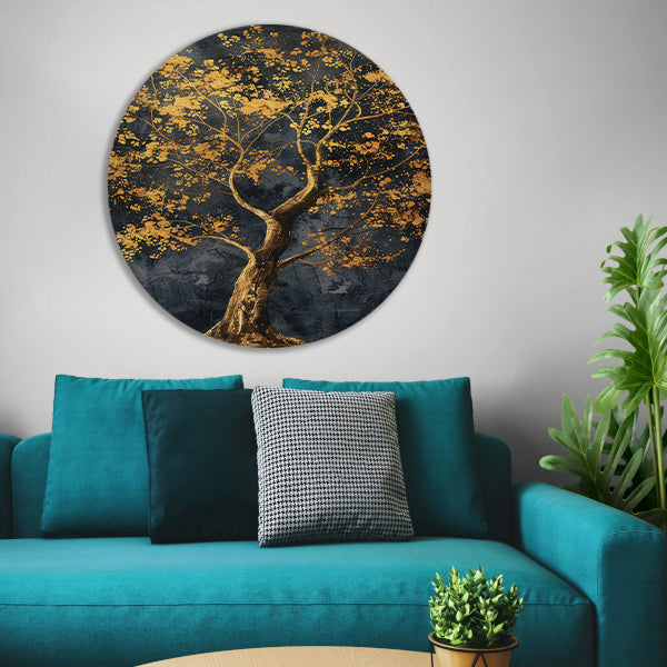 Grote boom met gouden bladeren kunst aluminium muurcirkel