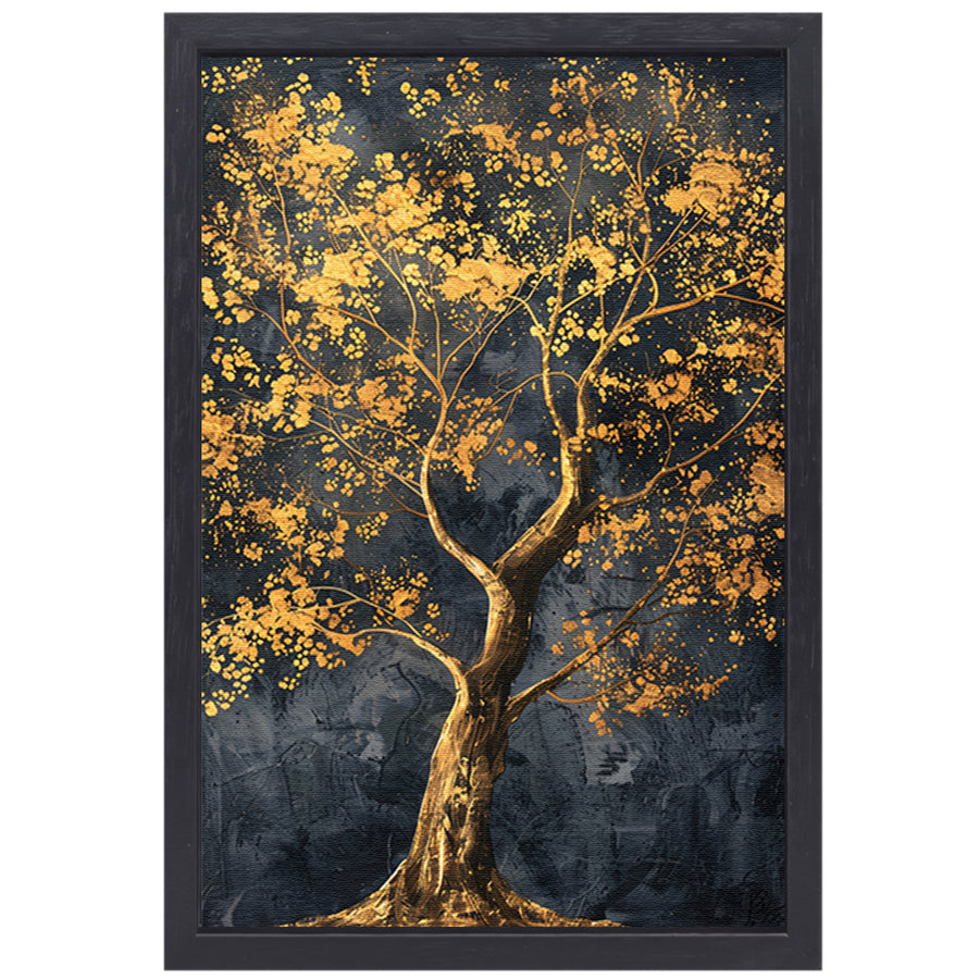 Grote boom met gouden bladeren kunst canvas met baklijst