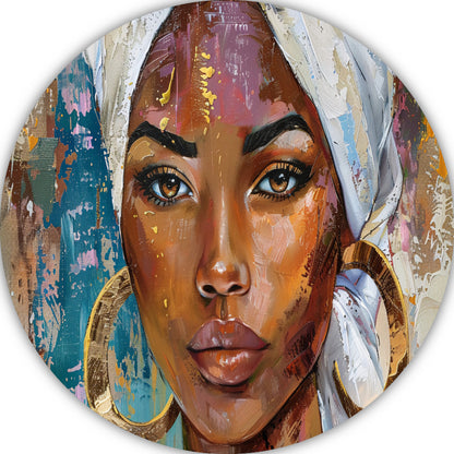 Afrikaanse vrouw met witte hoofddoek en gouden oorbellen aluminium muurcirkel