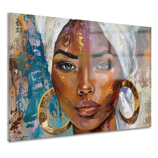 Afrikaanse vrouw met witte hoofddoek en gouden oorbellen acrylglas