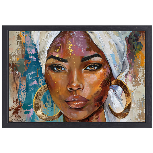Afrikaanse vrouw met witte hoofddoek en gouden oorbellen canvas met baklijst