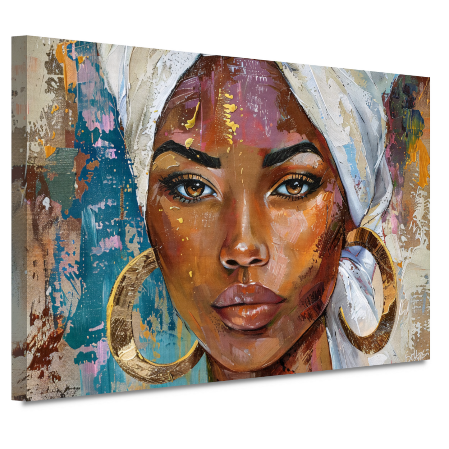 Afrikaanse vrouw met witte hoofddoek en gouden oorbellen canvas