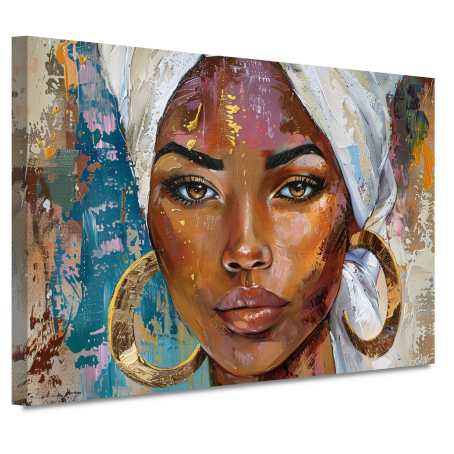 Afrikaanse vrouw met witte hoofddoek en gouden oorbellen canvas