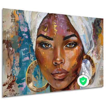 Afrikaanse vrouw met witte hoofddoek en gouden oorbellen poster