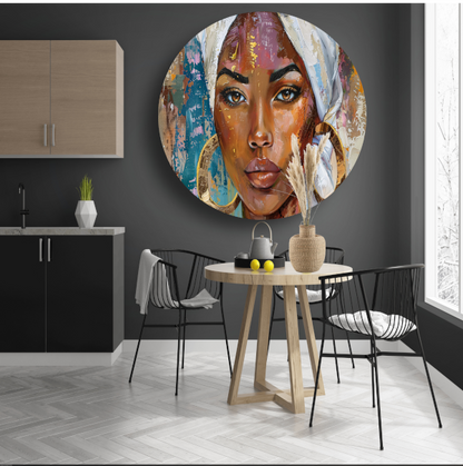 Afrikaanse vrouw met witte hoofddoek en gouden oorbellen aluminium muurcirkel