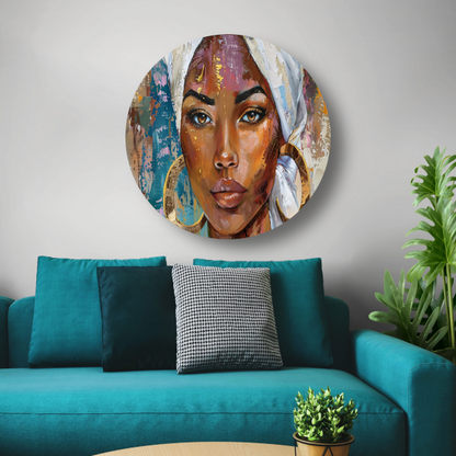 Afrikaanse vrouw met witte hoofddoek en gouden oorbellen aluminium muurcirkel